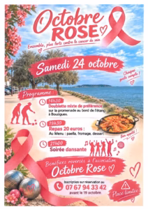 Affiche Octobre Rose à Bouzigues : tournoi de pétanque, repas paella et soirée dansante