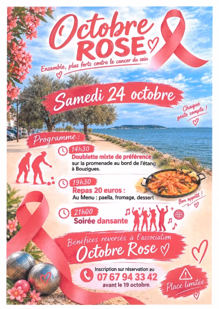 Affiche Octobre Rose à Bouzigues : tournoi de pétanque, repas paella et soirée dansante