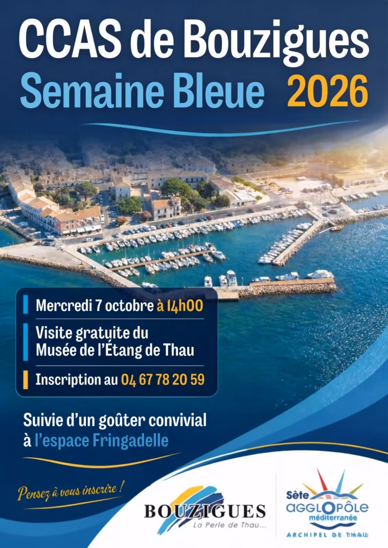 Affiche de la Semaine Bleue 2026 du CCAS de Bouzigues, visite du Musée de l'Étang de Thau et goûter