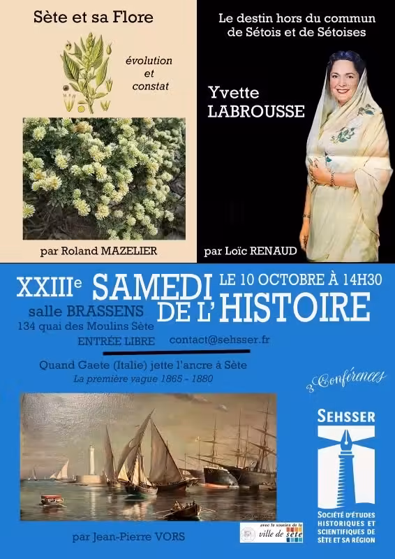 Affiche du XXIIIe Samedi de l'Histoire de Sète, trois conférences salle Brassens