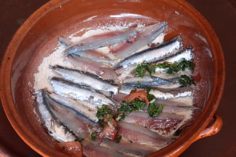 Première couche d'anchois posée sur le fond du plat poudré de chapelure