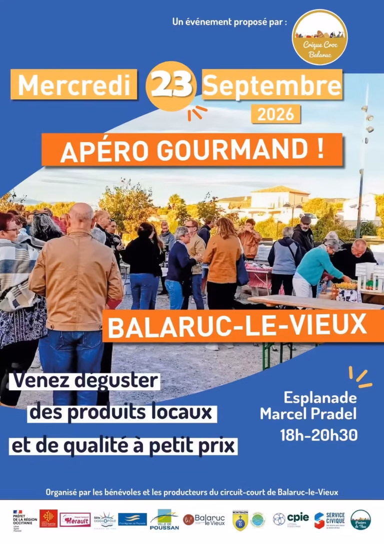 Affiche de l'apéro gourmand du circuit court de Balaruc-le-Vieux, esplanade Marcel Pradel