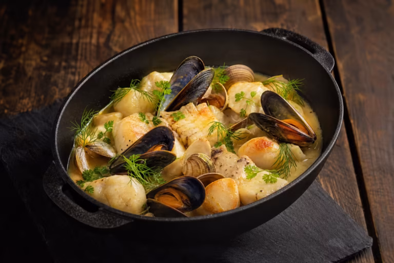 Blanquette de lotte et coquillages au curry dans un plat en fonte