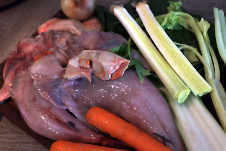 Lotte entière, foie, carottes et poireaux avant préparation