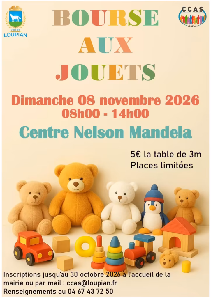 Affiche de la bourse aux jouets du CCAS de Loupian au centre Nelson Mandela, dimanche 8 novembre 2026