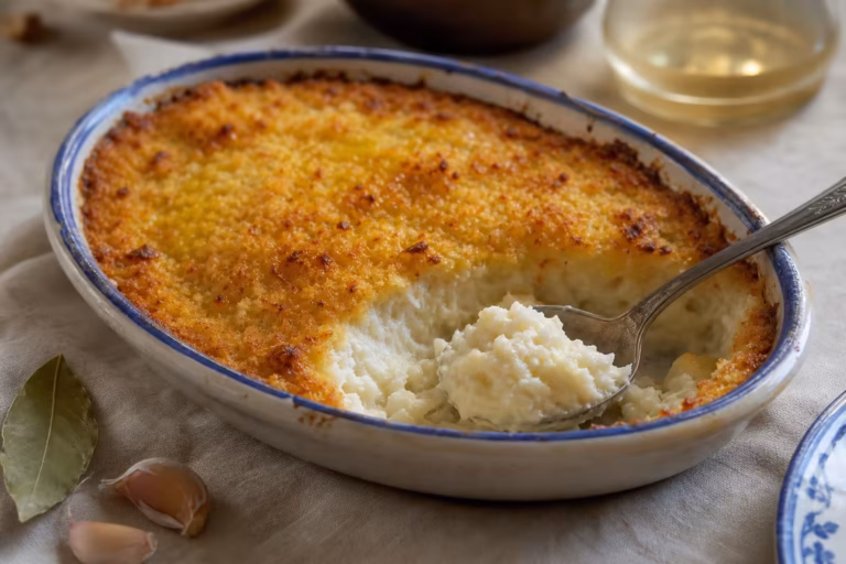 Brandade de morue gratinée servie dans un plat en faience à liseré bleu