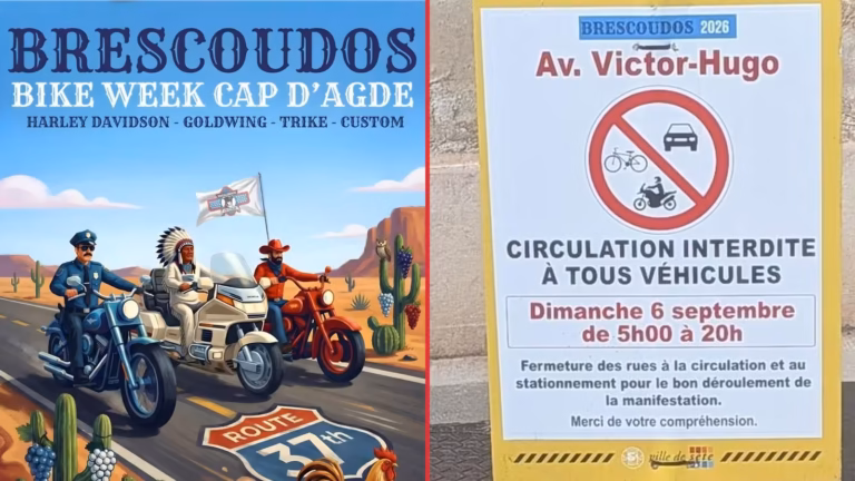 Affiche Brescoudos 2026 et panneau de fermeture avenue Victor-Hugo à Sète