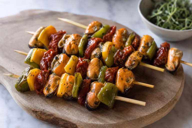 Brochettes de moules marinees avec poivrons jaunes verts et tomates confites