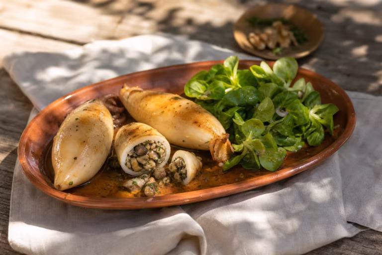 Calamars farcis aux cèpes et cerneaux de noix avec salade de mâche