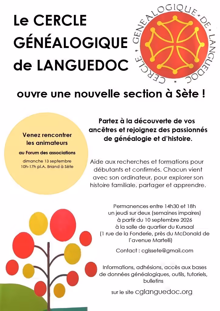 Affiche nouvelle section Sète du Cercle Généalogique de Languedoc