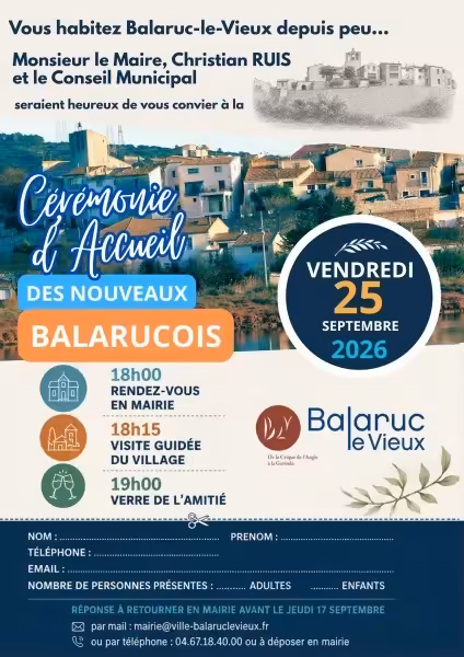 Invitation à la cérémonie d'accueil des nouveaux Balarucois à Balaruc-le-Vieux, vendredi 25 septembre 2026