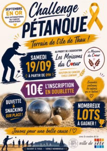 Affiche du Challenge Pétanque Septembre en Or 2026 au profit de l'association Les Moissons du Cœur, terrains de l'Île de Thau à Sète