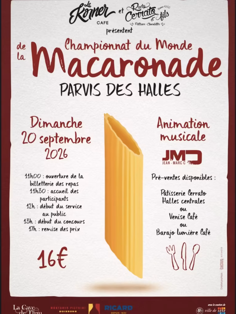 Affiche du Championnat du Monde de la Macaronade 2026, 10e édition, parvis des Halles de Sète