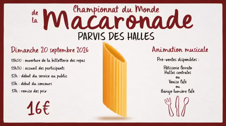 Affiche Championnat du Monde de la Macaronade 2026 parvis des Halles Sète