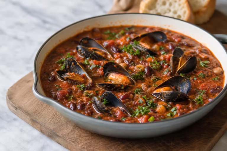 Chili aux moules, haricots rouges, tomate et paprika fume dans une poele