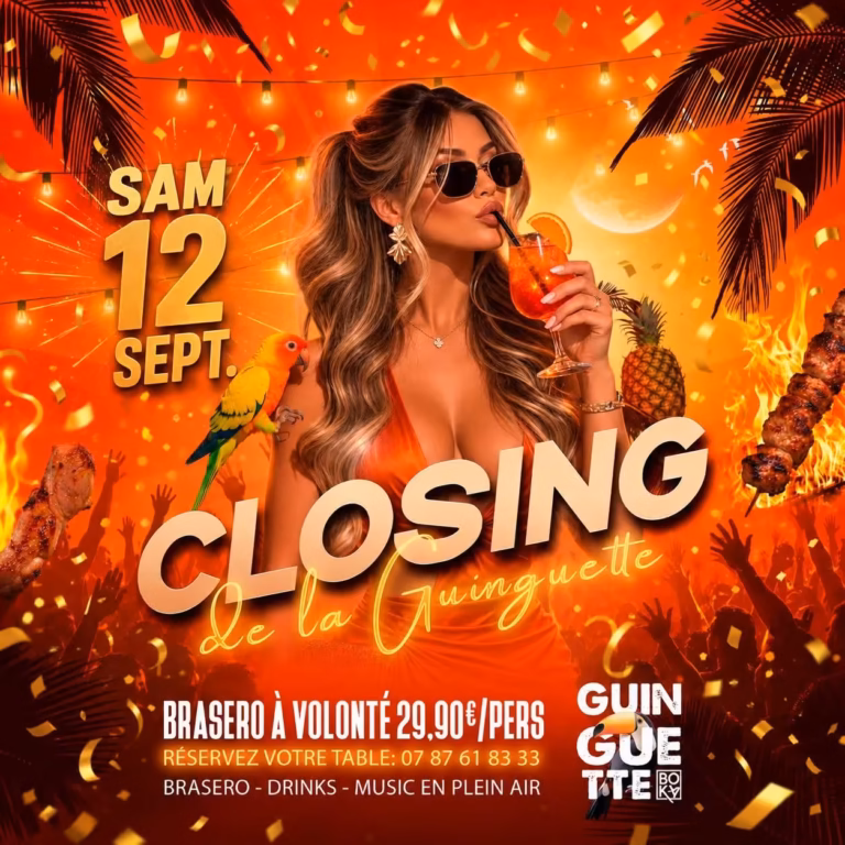 Affiche du closing de la guinguette du Boka à Marseillan Plage, brasero à volonté le 12 septembre
