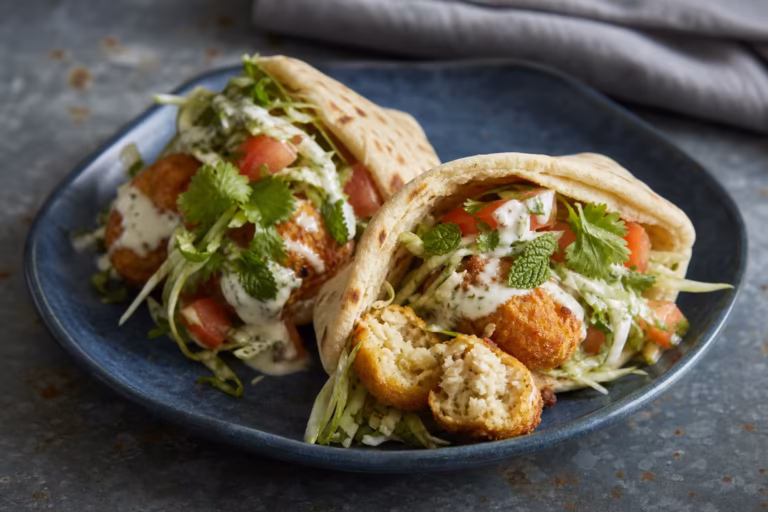 Croquettes de daurade et pois chiches garnies dans des pains pita avec sauce au yaourt