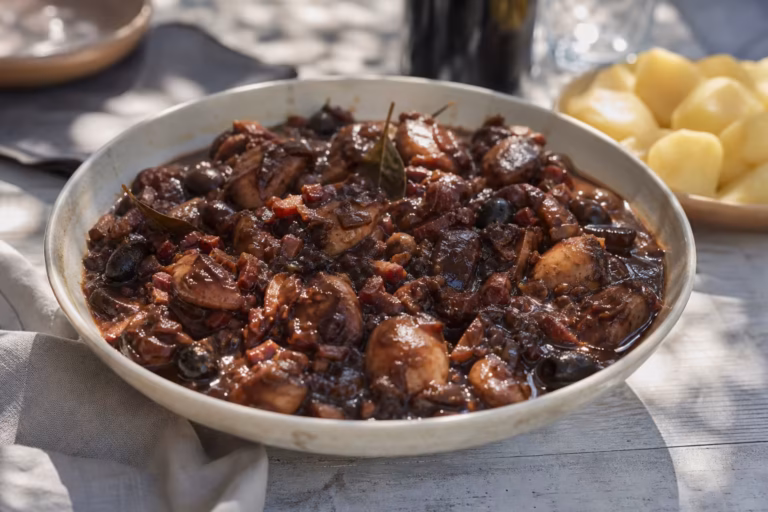 Daube de seiche mijotée au vin rouge, lardons, cèpes et olives noires
