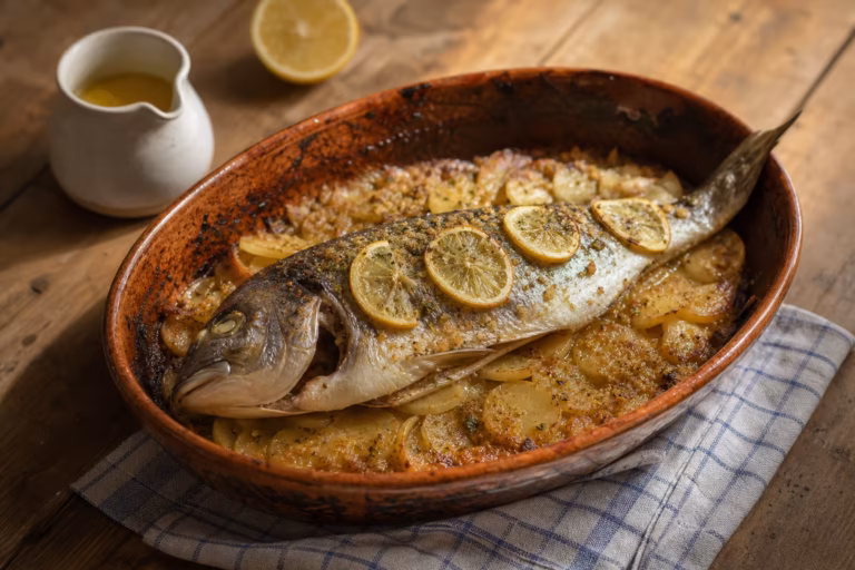 Daurade au four sur lit de pommes de terre et rondelles de citron