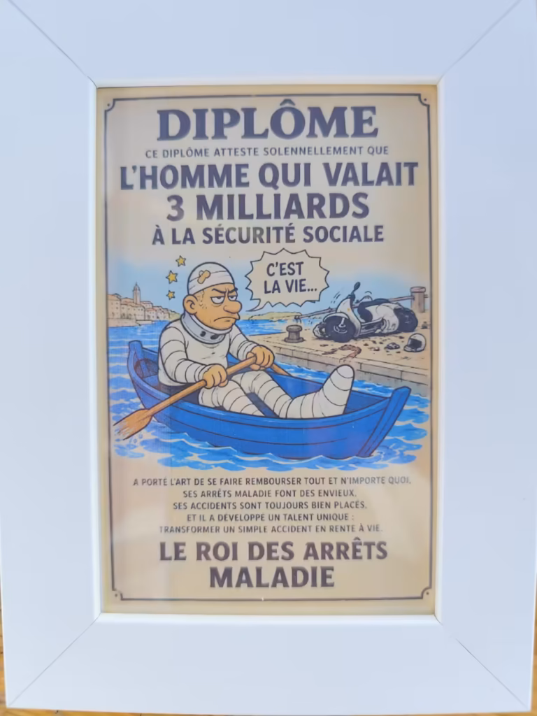 Tournoi des Rameurs Sétois 2026 à Sète : la victoire de Sandro Minarro - diplome roi arrets maladie rameurs setois Diplôme humoristique remis à un rameur, le Roi des Arrêts Maladie, sur une barque de joutes à Sète