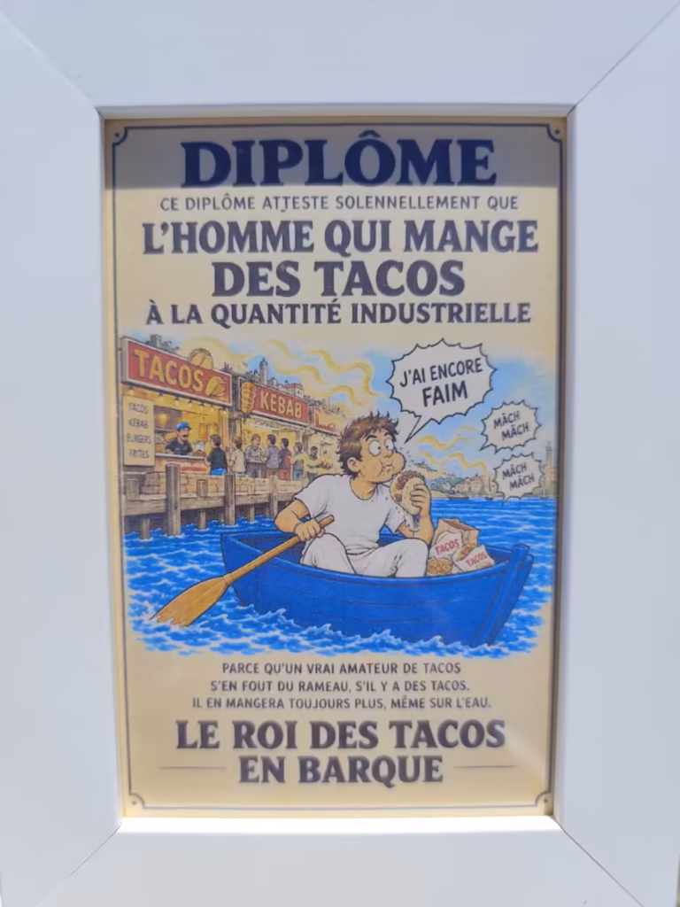 Tournoi des Rameurs Sétois 2026 à Sète : la victoire de Sandro Minarro - diplome roi tacos en barque rameurs setois Diplôme humoristique du Roi des Tacos en Barque, remis à un rameur du tournoi à Sète