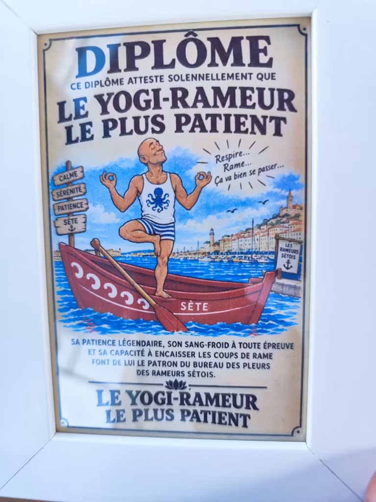 Tournoi des Rameurs Sétois 2026 à Sète : la victoire de Sandro Minarro - diplome yogi rameur patient rameurs setois Diplôme humoristique du Yogi-Rameur le Plus Patient, en équilibre sur une barque à Sète