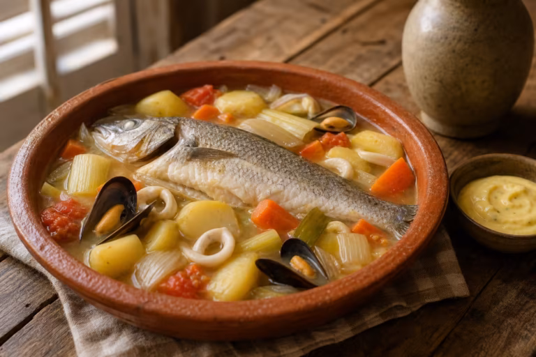 Eau sel sétoise, bouillon de poisson et légumes servi avec aïoli