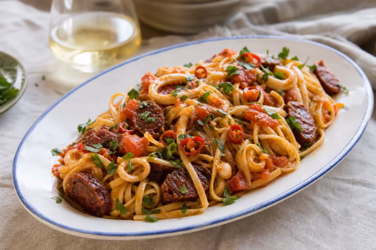 Encornets de Sète au chorizo servis sur des bavettines dans un plat ancien