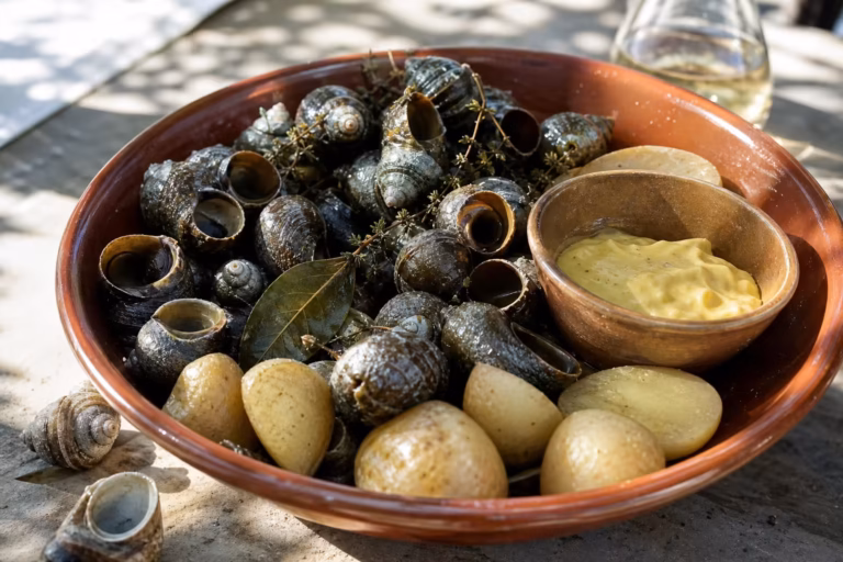 Escargots de mer de Sète cuits au bouillon servis avec aïoli et pommes de terre