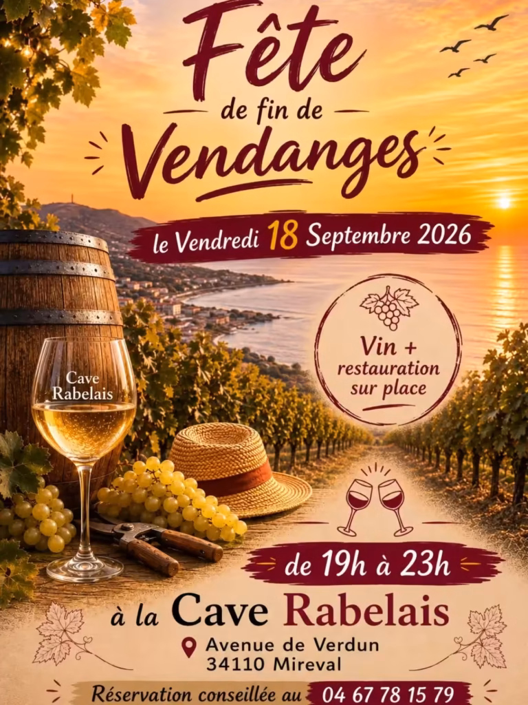 Affiche de la Fête de fin de vendanges à la Cave Rabelais de Mireval, le 18 septembre 2026