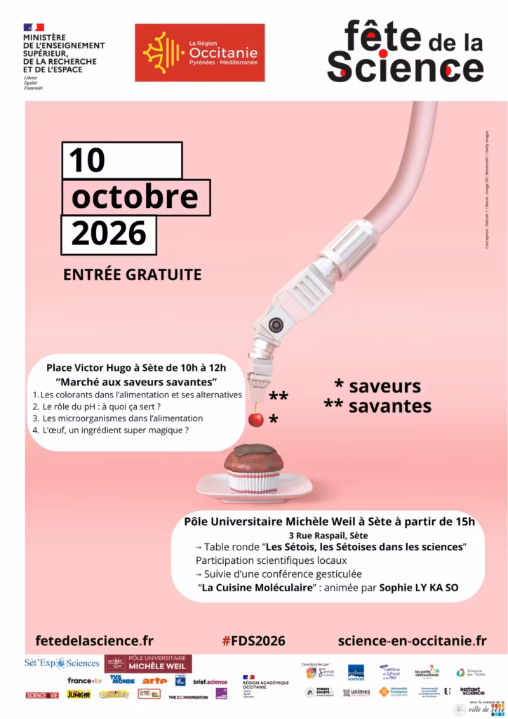 Affiche de la Fête de la Science 2026 à Sète, place Victor Hugo et Pôle Universitaire Michèle Weil, le 10 octobre
