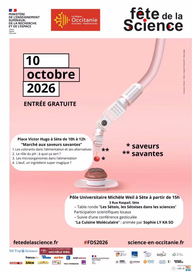 Affiche de la Fête de la Science 2026 à Sète, place Victor Hugo et Pôle Universitaire Michèle Weil, le 10 octobre