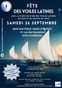 Affiche de la Fête des Voiles Latines 2026 à la base nautique Miaille-Munoz du Barrou, à Sète