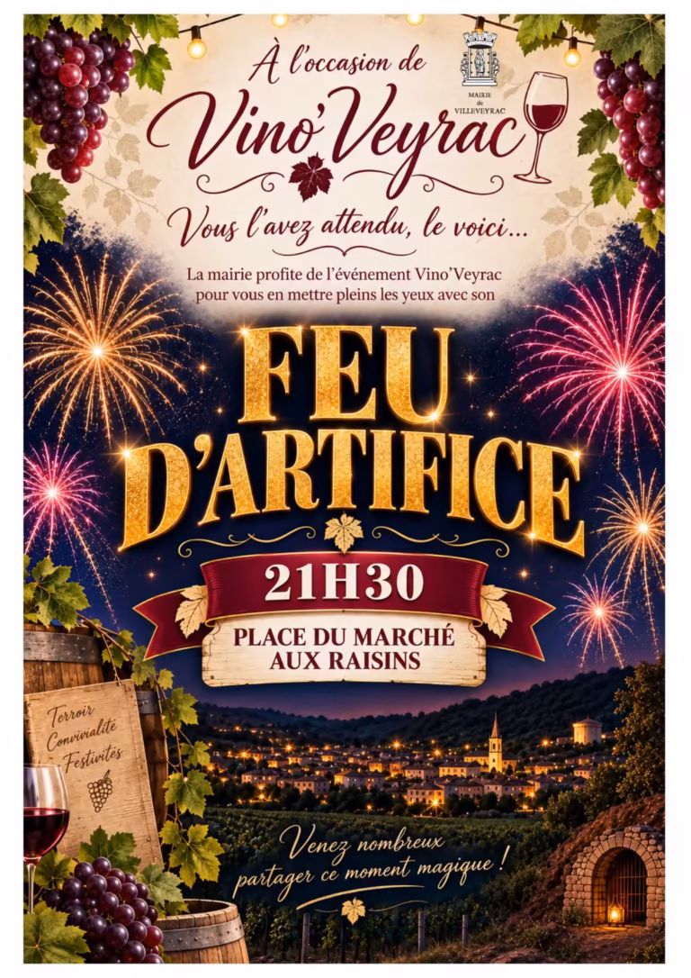 Affiche du feu d'artifice de la mairie de Villeveyrac pour Vino'Veyrac 2026