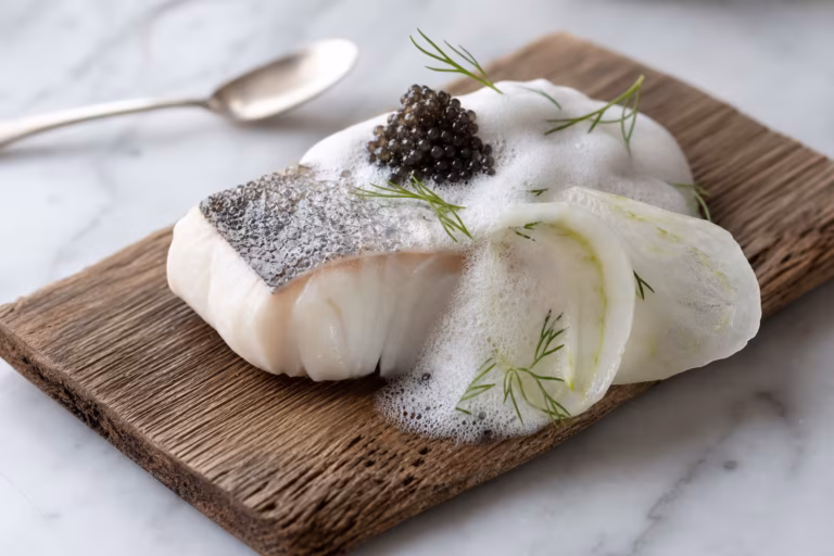 Filet de bar poche recouvert d une ecume de fenouil et d une quenelle de caviar
