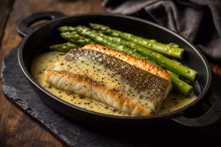 Filet de maigre poele au beurre blanc avec asperges vertes
