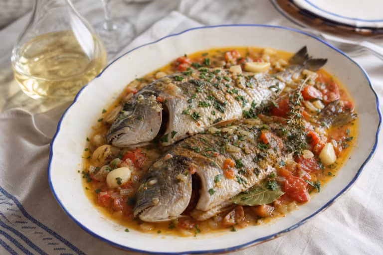 Gibelotte sétoise de daurades en sauce tomate sur plat en faïence ancienne