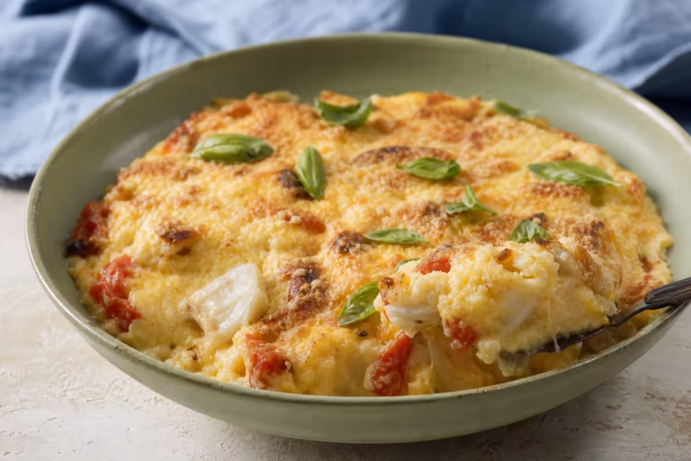 Gratin de congre aux tomates et polenta gratine au parmesan dans un plat vert