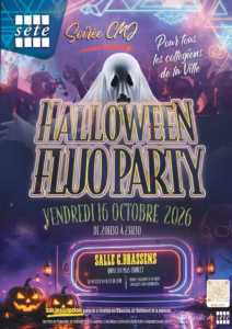 Affiche de la Halloween Fluo Party 2026 du Conseil municipal des jeunes de Sète, salle Georges Brassens