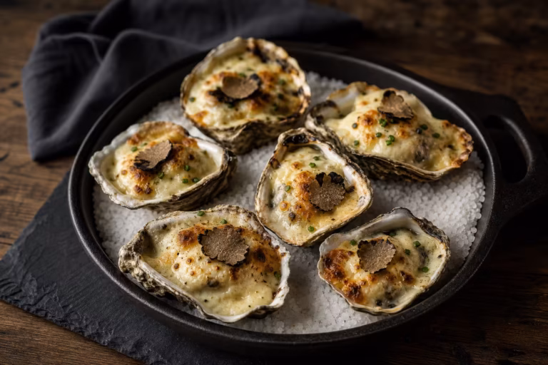 Huîtres chaudes nappées de crème et huile de truffe sur gros sel