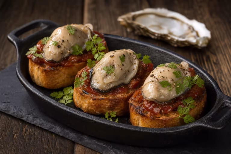 Tartines d huitres a la provencale, tomates confites, cerfeuil et pain aille