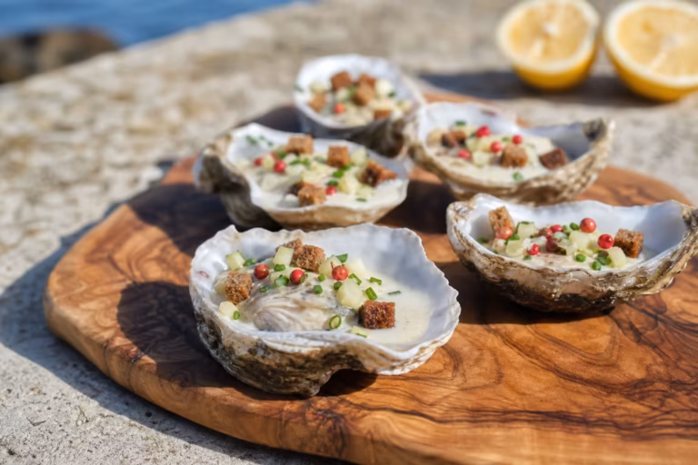 Huitres chaudes en coquille nappees de creme avec pomme et pain d'epices