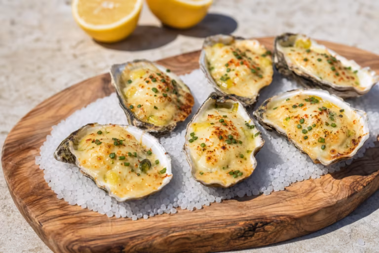 Huitres chaudes garnies de fondue de poireaux et de chevre frais gratine