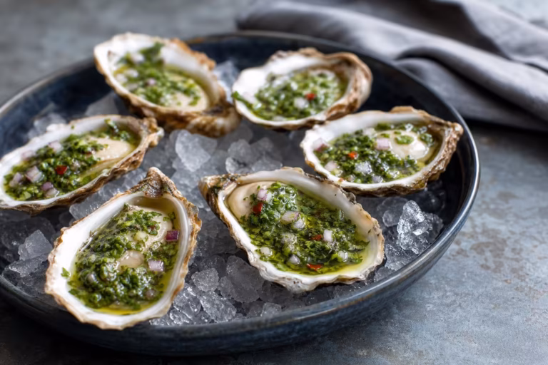 Huîtres crues nappées de chimichurri aux herbes fraîches et citron vert