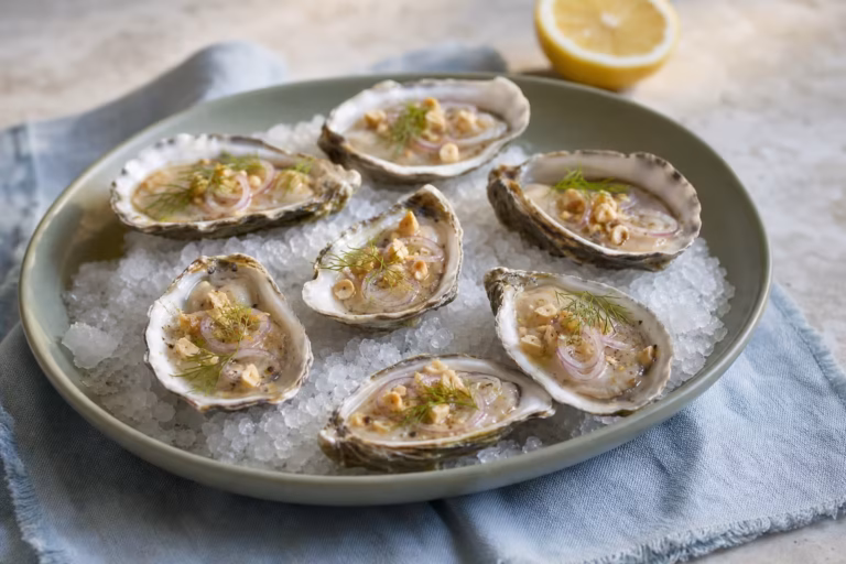 Huîtres crues garnies de citron, rondelles d'échalote et noisettes concassées