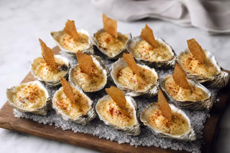 Huitres gratinees au foie gras et croustilles de sarrasin sur gros sel