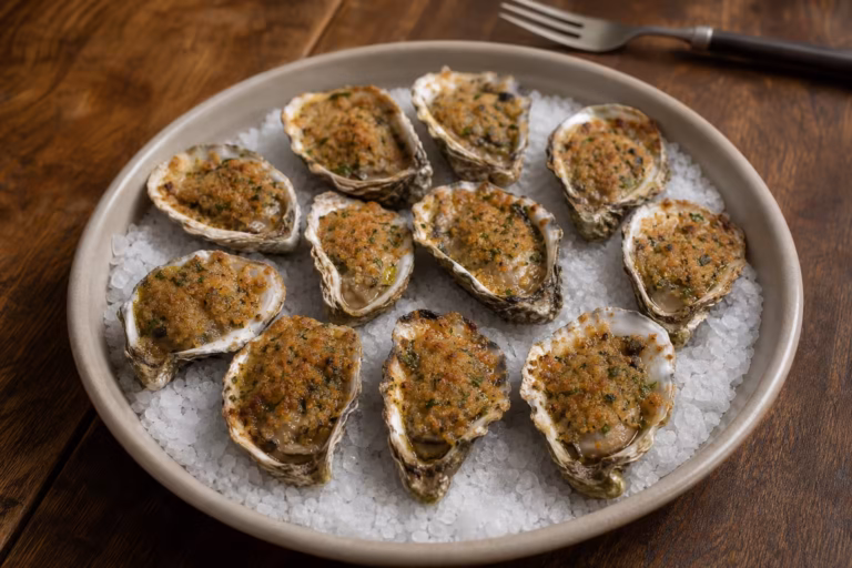 Huîtres gratinées au beurre de noisette dorées sur un lit de gros sel