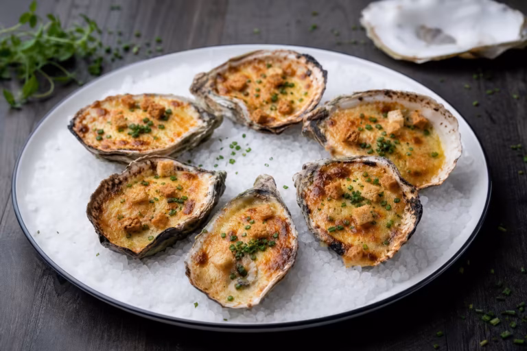 Huitres gratinees a la creme de comte, croutons dores et ciboulette ciselee