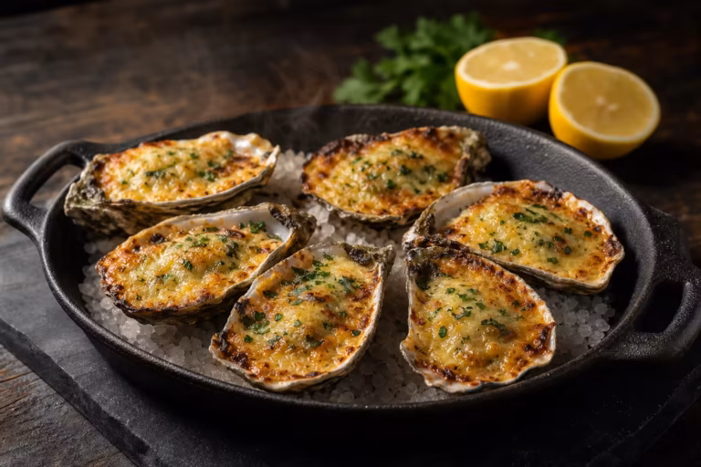 Huîtres gratinées au beurre persillé et parmesan sur lit de gros sel
