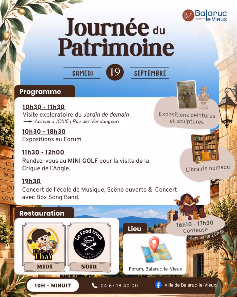 Affiche de la Journée du Patrimoine 2026 à Balaruc-le-Vieux, programme au Forum le 19 septembre